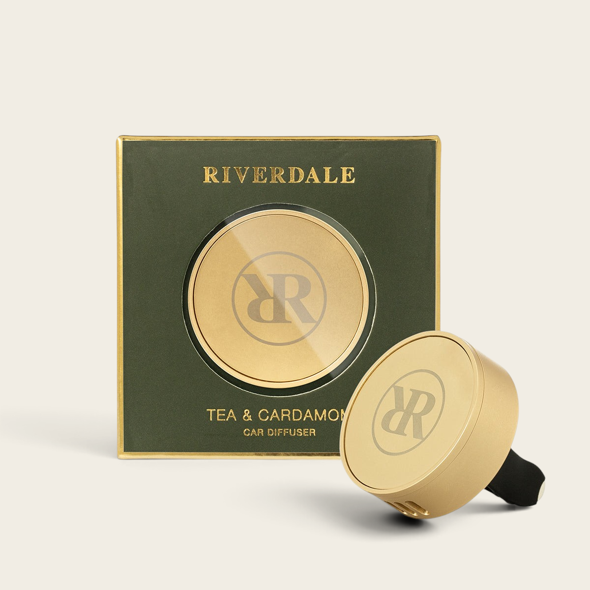 Riverdale Tea & Cardamom car diffuser set with gold holder and green packaging box
