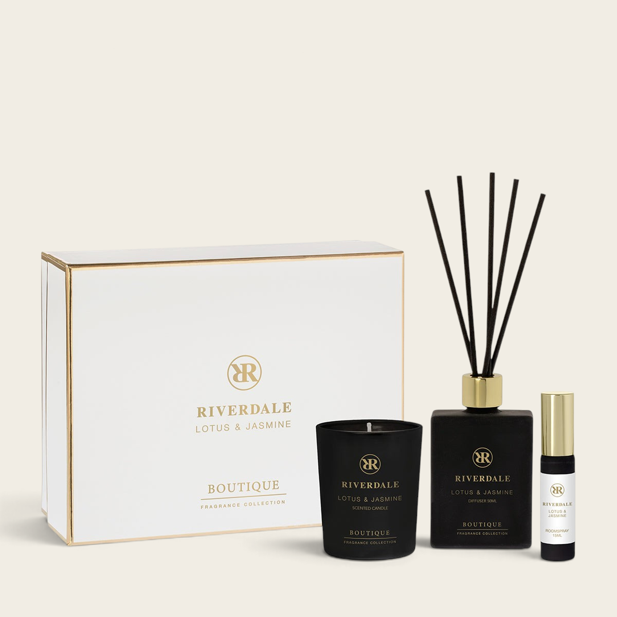 Riverdale Cadeau Boutique S Lotus & Jasmine gift set with scented candle, reed diffuser, and room spray in black glass.