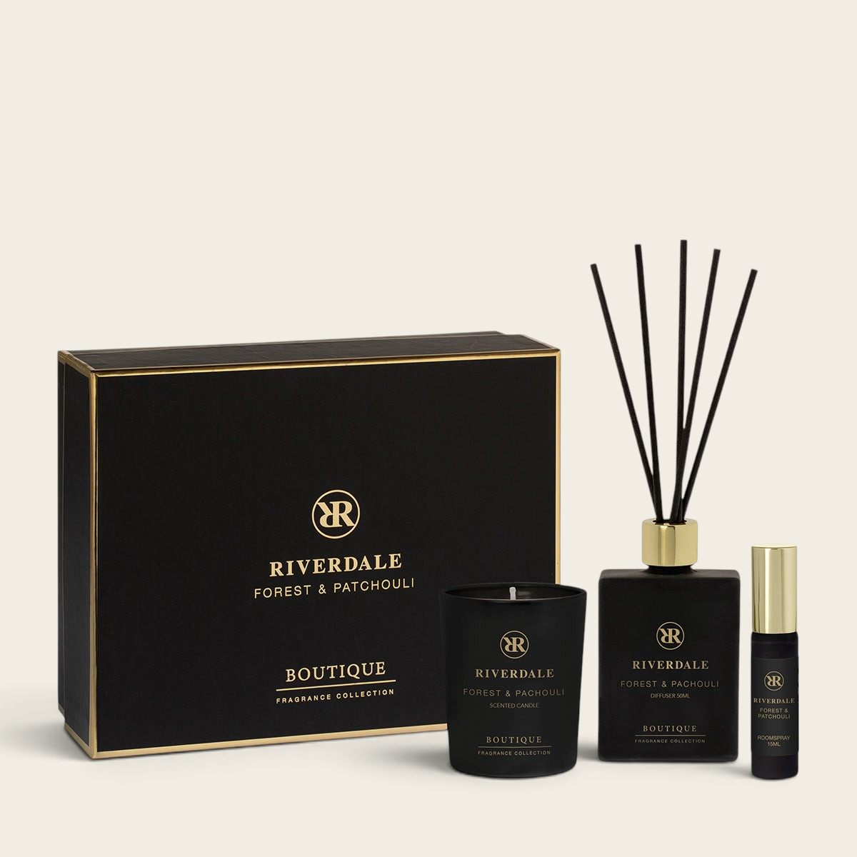 Riverdale Cadeau Boutique S Forest & Patchouli gift set with scented candle, reed diffuser, and room spray in black.