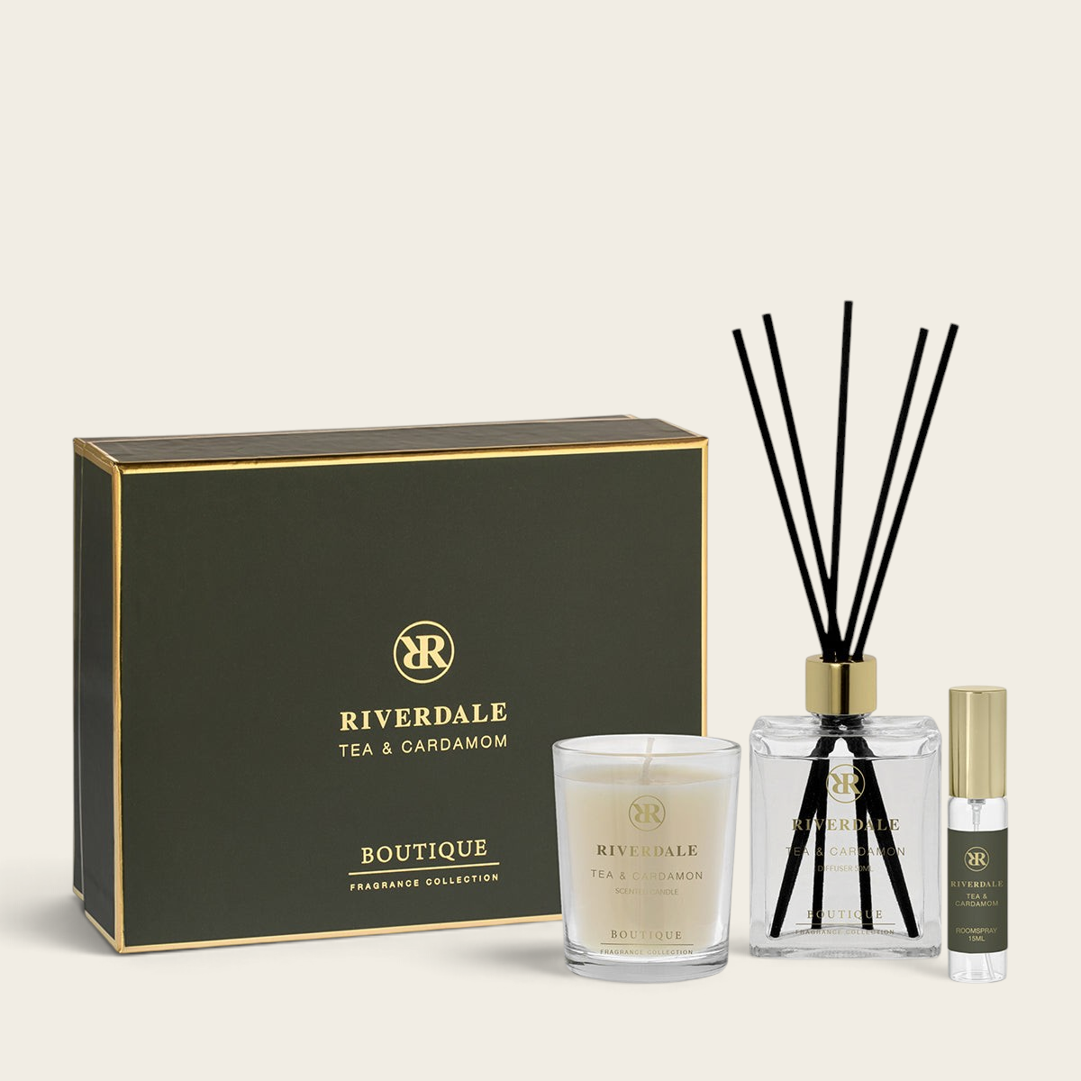 Riverdale Tea & Cardamom gift set with scented candle, reed diffuser, and roomspray in a luxury green box.