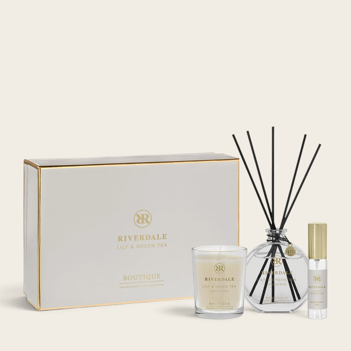 Riverdale Lily & Green Tea gift set featuring a scented candle, reed diffuser, and roomspray in elegant packaging.