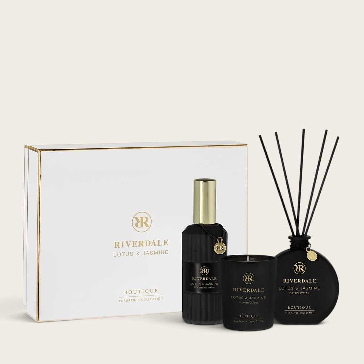 Riverdale Cadeau Boutique L gift set with Lotus & Jasmine scented candle, reed diffuser, and room spray in black glass.