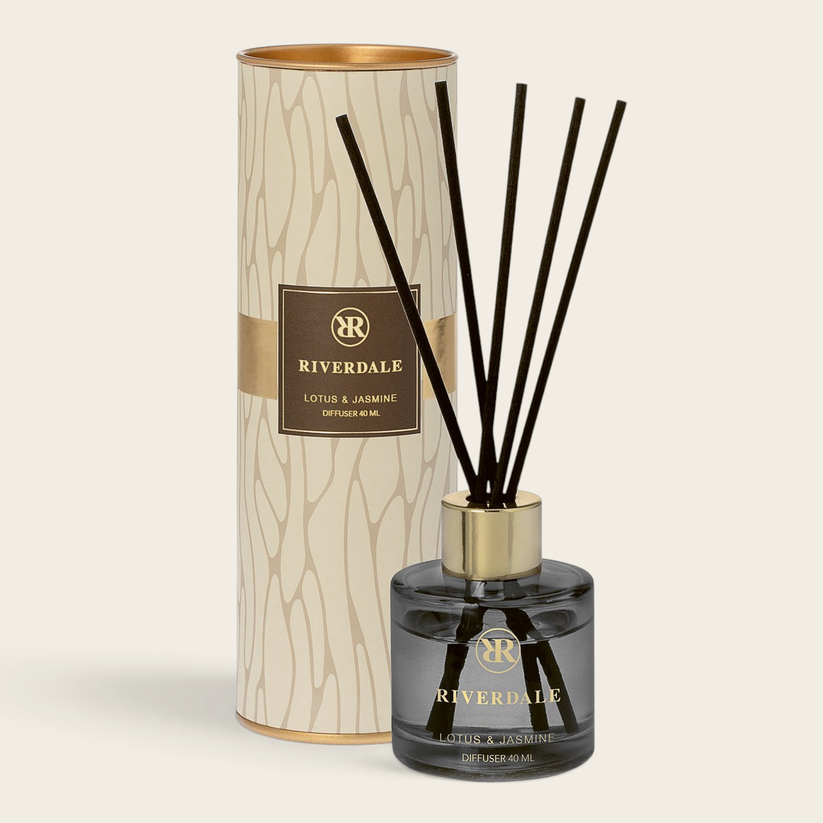 Riverdale Olivia reed diffuser in Lotus & Jasmine scent with black reeds and a decorative gift tube