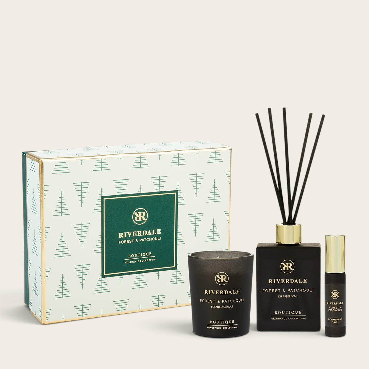 Riverdale Forest and Patchouli gift set featuring a scented candle, reed diffuser, and roomspray in a festive box.