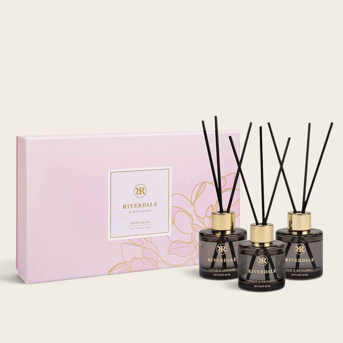Riverdale Cadeau Olivia Limited Edition gift set with three 40ml glass reed diffusers in a pink presentation box