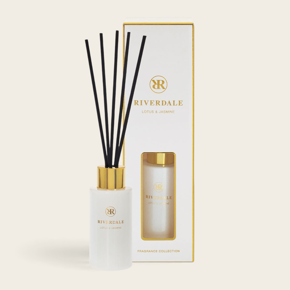 Riverdale Boutique Lotus & Jasmine reed diffuser with white glass bottle, gold accents, and black fragrance sticks.