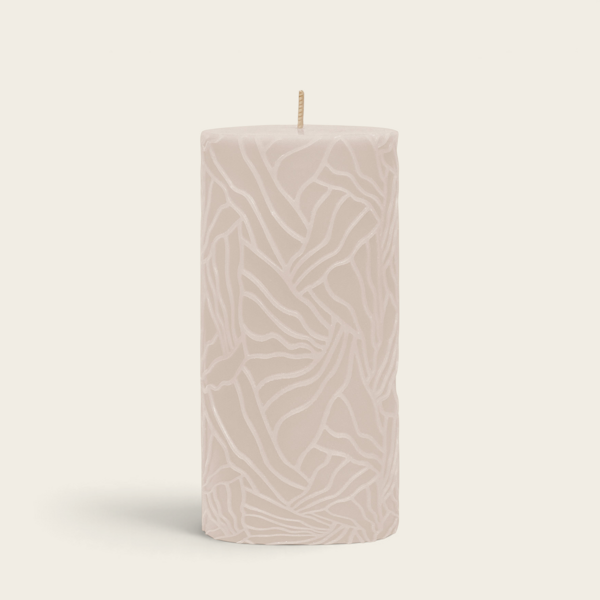 Riverdale Wave pillar candle in beige with a textured abstract pattern, 7x14cm size for home decor.