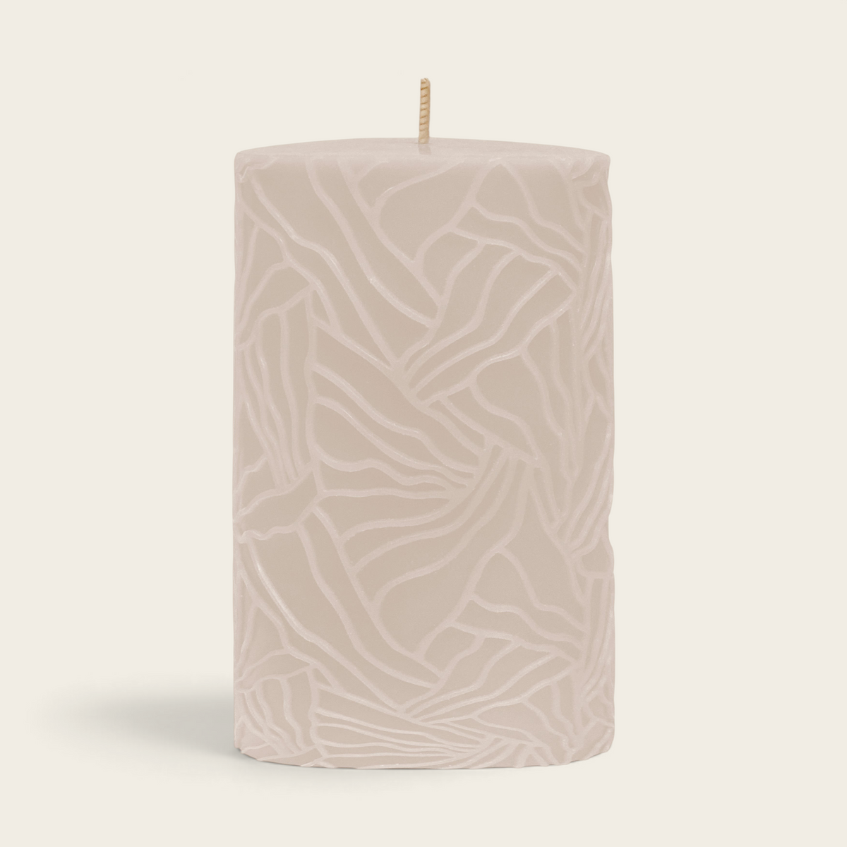 Riverdale Wave pillar candle in sand beige with a textured oyster mushroom-inspired pattern, 9x15cm.