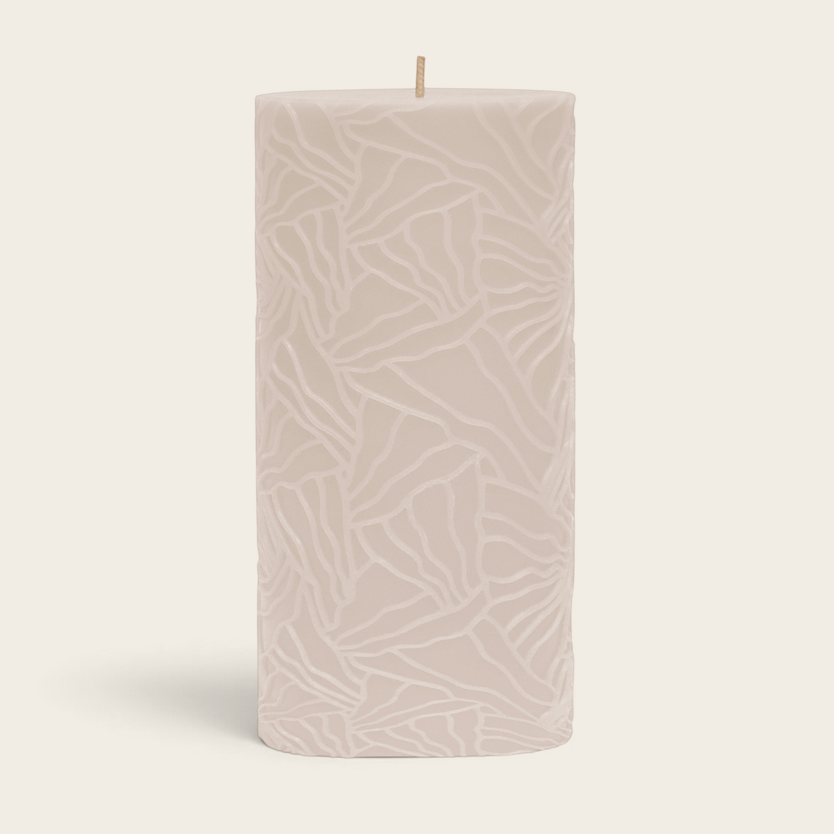 Riverdale Wave pillar candle in sand colour with a textured oyster mushroom pattern, 9x20cm size.