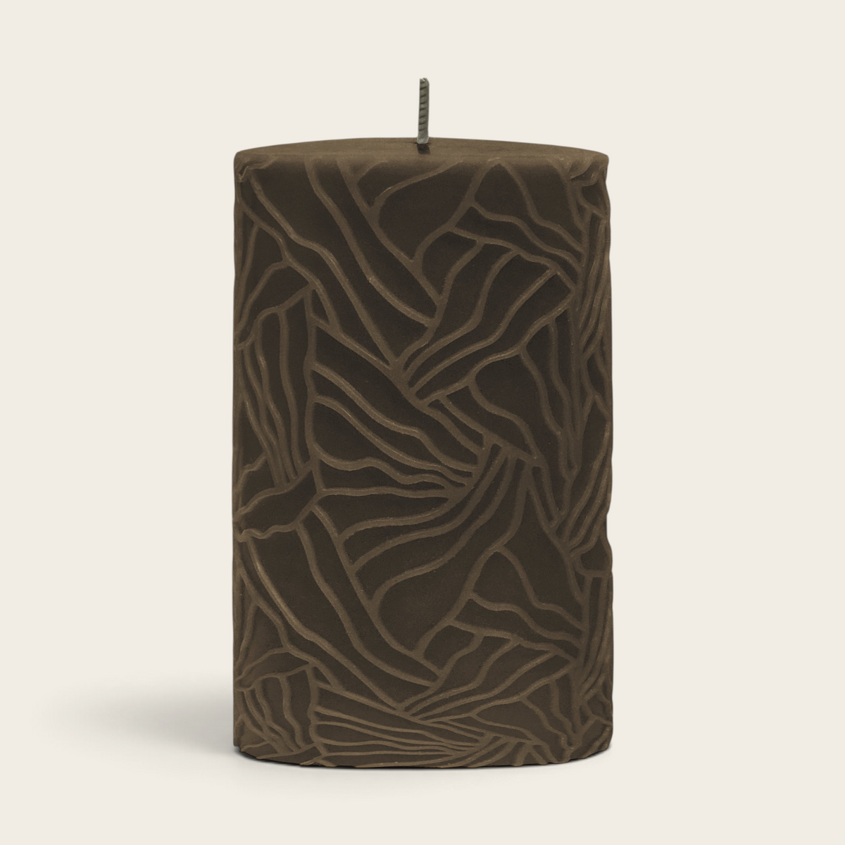 Riverdale brown pillar candle with a textured wave pattern, 9x15cm size for elegant home decor.