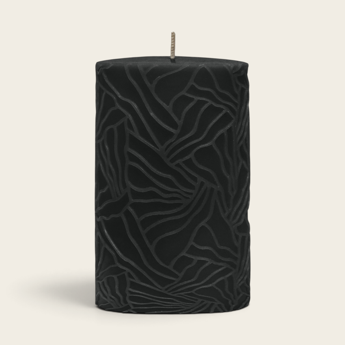 Riverdale black Wave pillar candle with a textured abstract pattern, 9x15cm size for home decor.