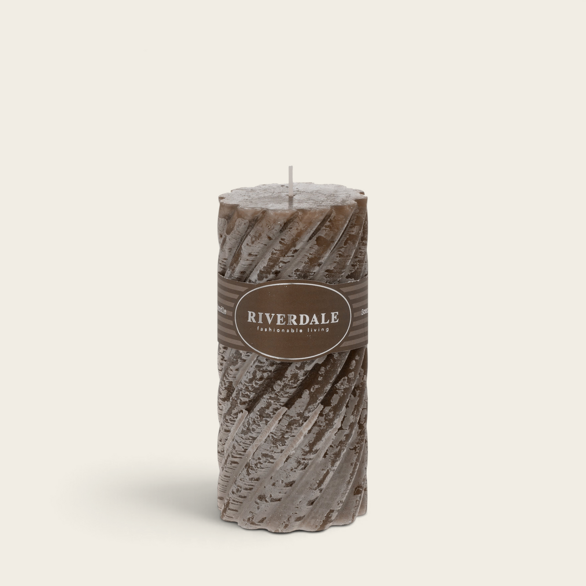 Riverdale rustic swirl pillar candle in mocha with a white chocolate scent and textured finish