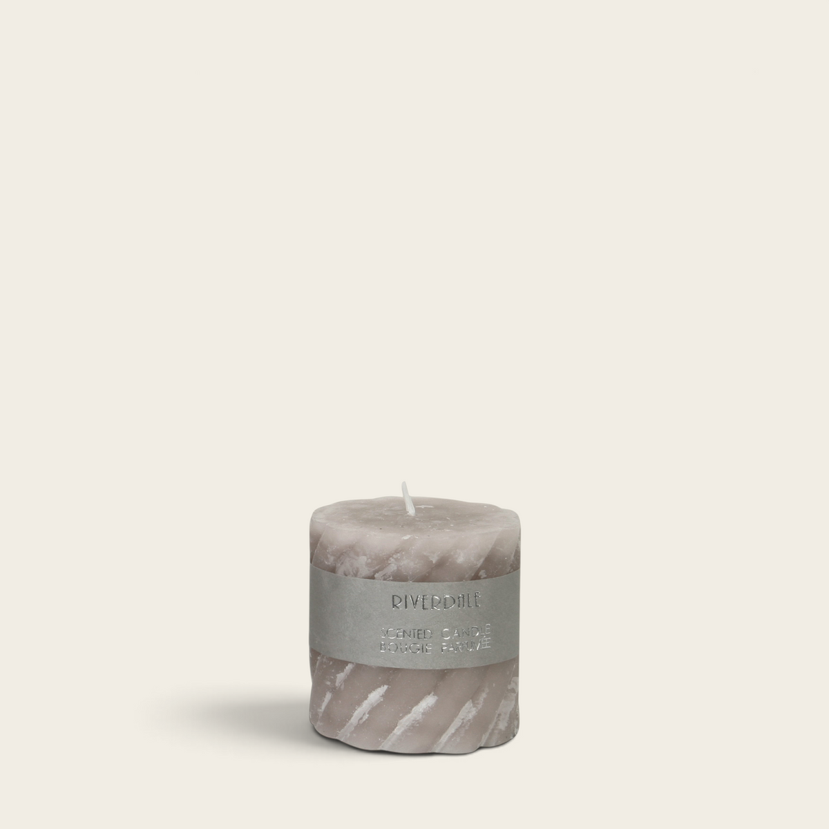 Riverdale light grey swirl pillar candle with Jasmine Tea scent, 7.5cm decorative wax candle for home fragrance.