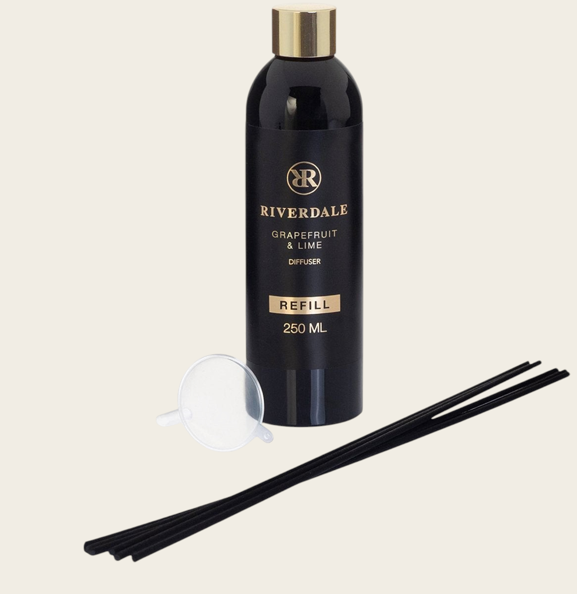 Riverdale Grapefruit & Lime diffuser refill bottle 250ml with black reeds and a small funnel on a white background.