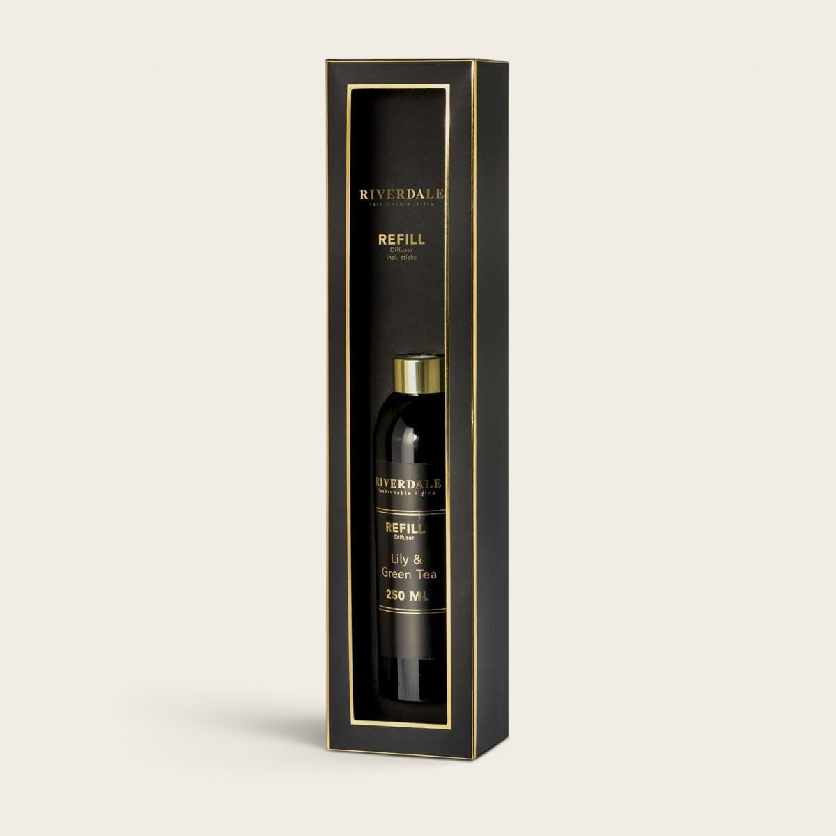 Riverdale Lily & Green tea diffuser refill 250ml in a black and gold gift box with included fragrance sticks