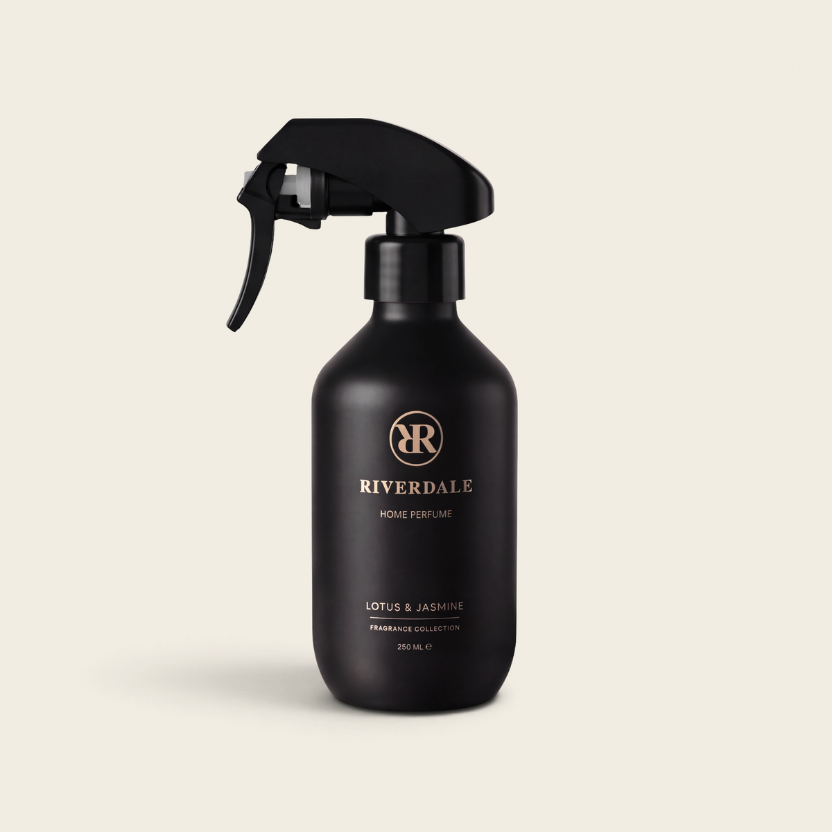 Riverdale Lotus & Jasmine home perfume in a sleek matte black 250ml spray bottle with a black trigger nozzle