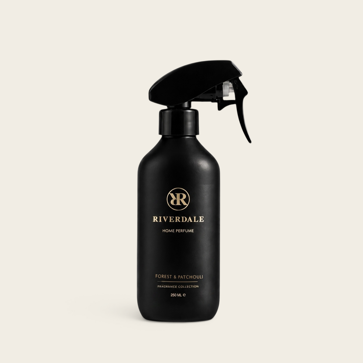 Riverdale Forest & Patchouli home perfume in a sleek black 250ml spray bottle with gold branding.