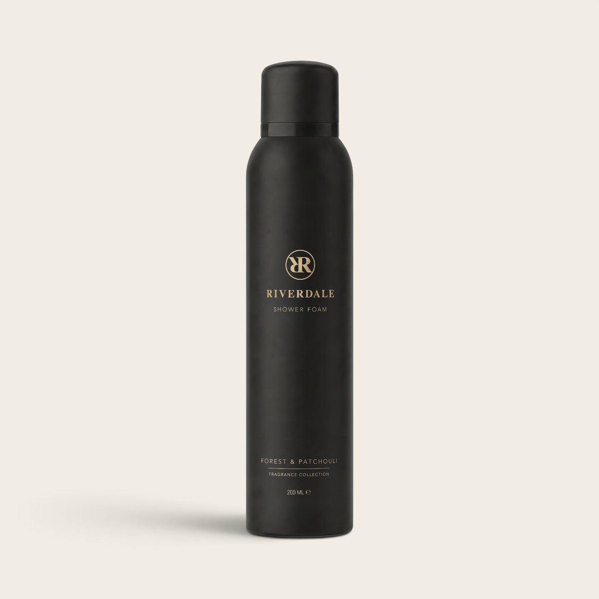 Riverdale Forest & Patchouli shower foam in a sleek black 200ml aerosol bottle with gold branding.