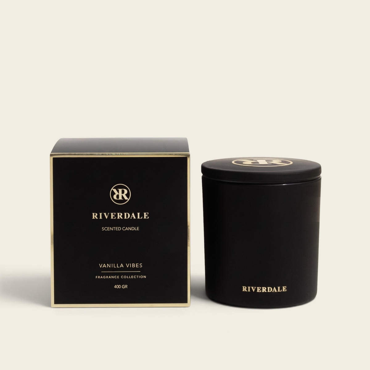 Riverdale Vanilla Vibes scented candle in a matte black jar with matching gift box, 400g size