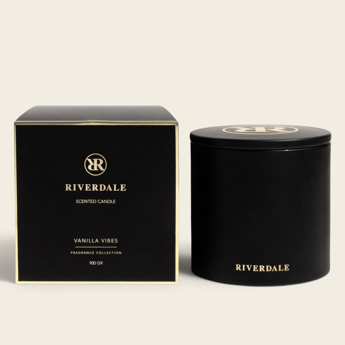 Riverdale Vanilla Vibes scented candle in a large black 900g jar with matching black gift box and gold branding.
