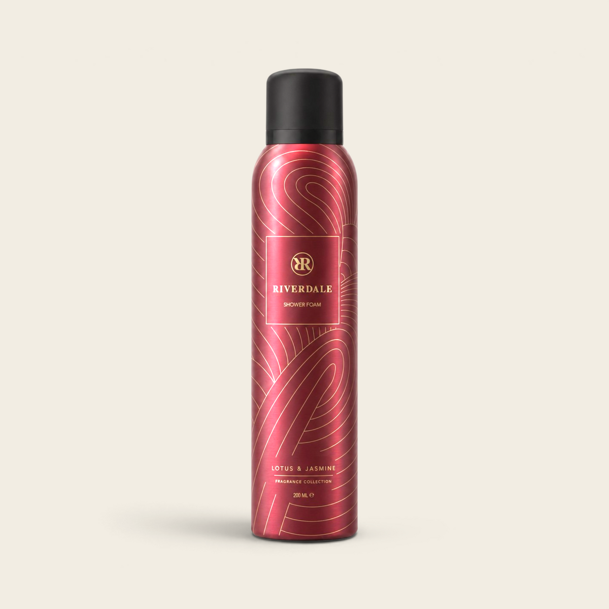 Riverdale burgundy shower foam bottle with lotus and jasmine fragrance in a 200ml container with gold line patterns.