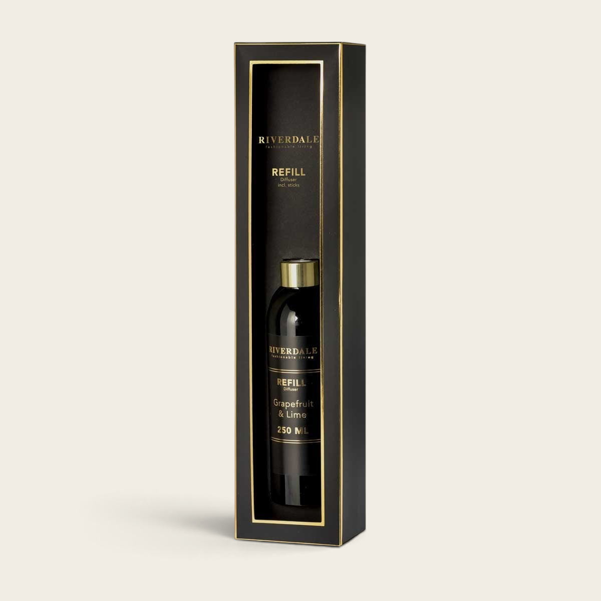 Riverdale Grapefruit & Lime diffuser refill 250ml in a sleek black and gold box with included fragrance sticks