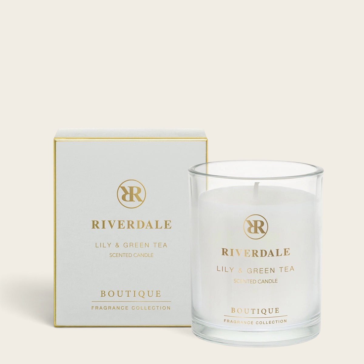 Riverdale Boutique Lily & Green Tea scented candle in a glass jar with matching white and gold gift box