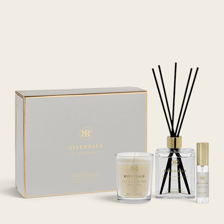 Riverdale Lily & Green Tea gift set featuring a scented candle, reed diffuser, and room spray in a luxury box.
