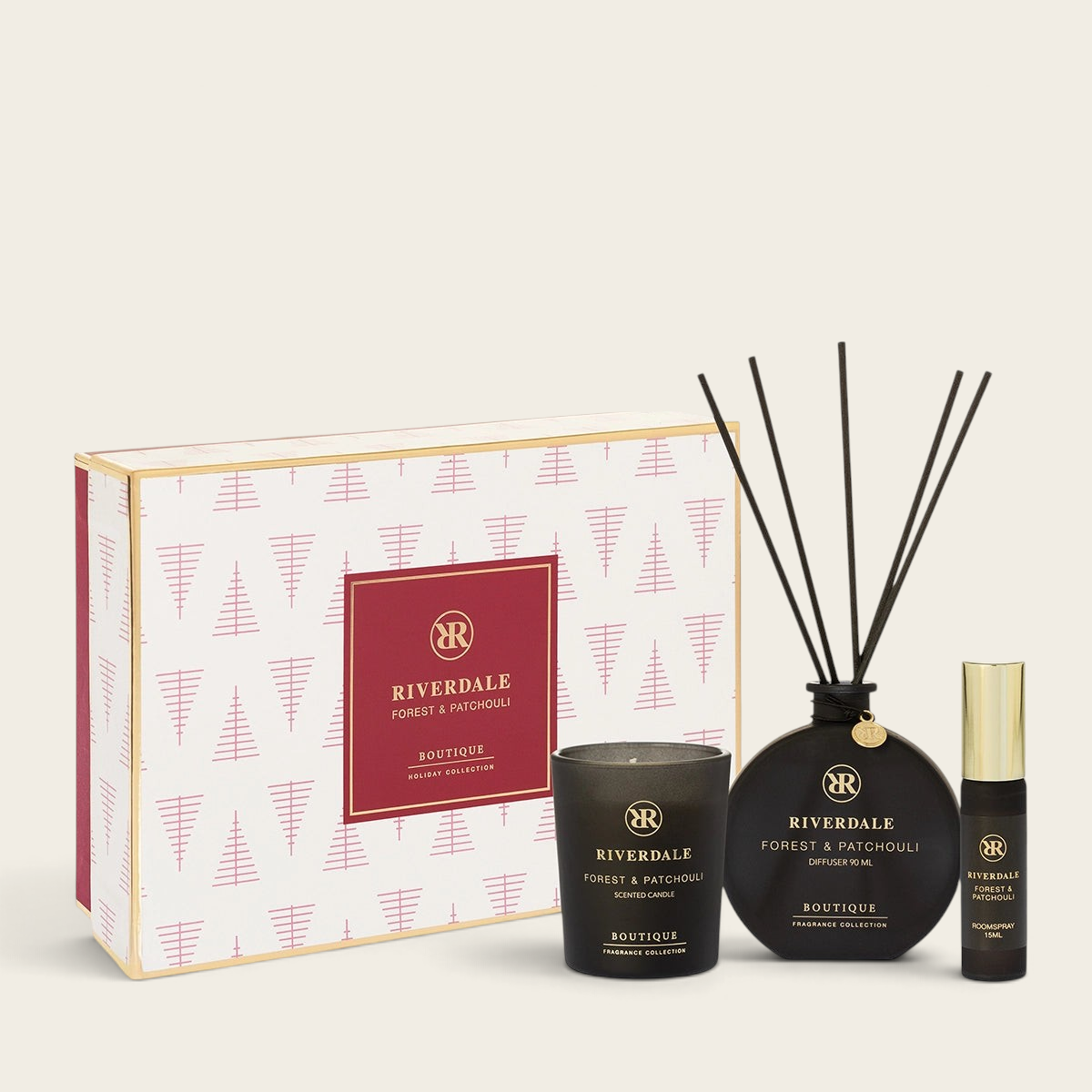 Riverdale Forest & Patchouli gift set featuring a scented candle, reed diffuser, and room spray in a festive box.
