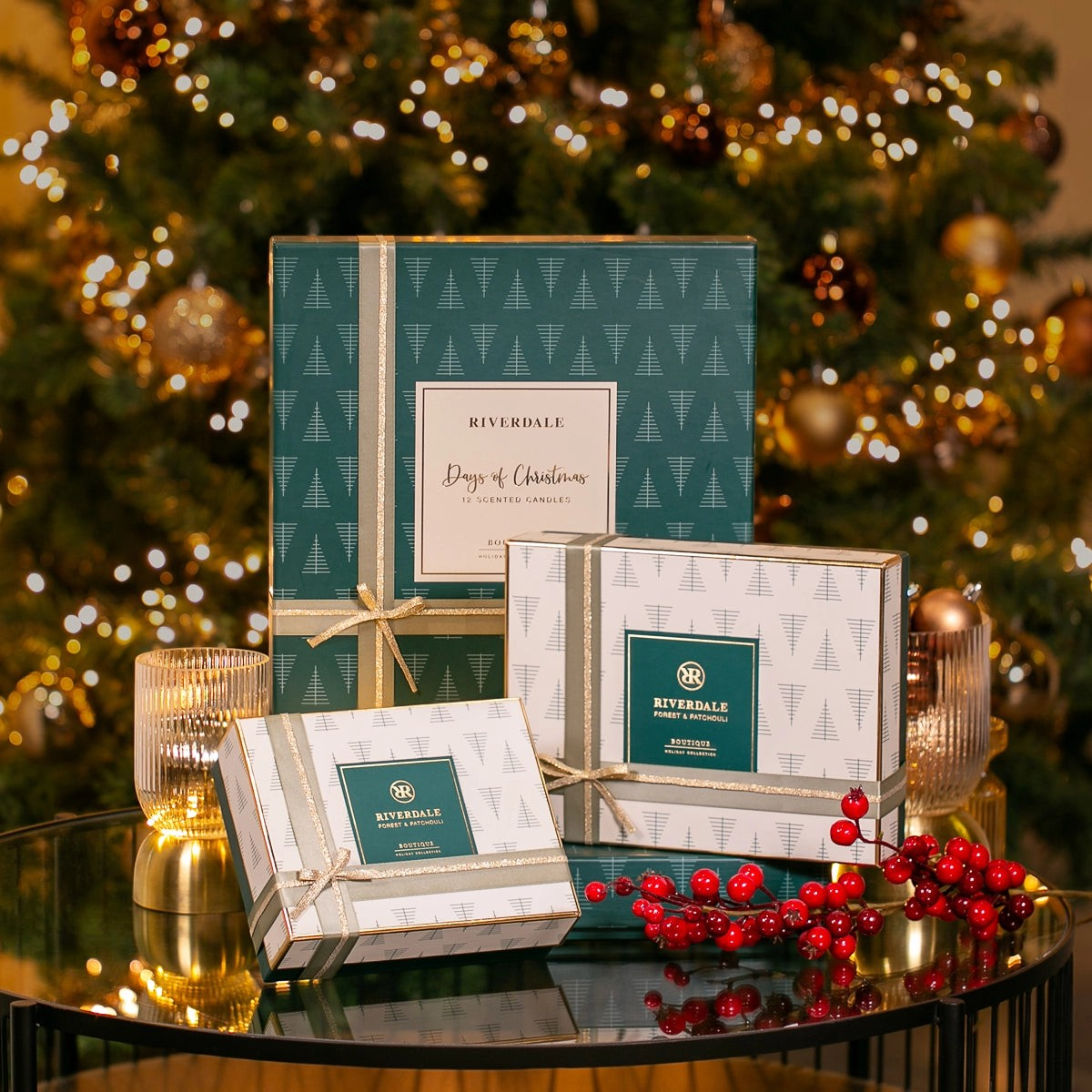 Riverdale Forest and Patchouli Christmas gift set with candles and fragrance products in festive holiday packaging