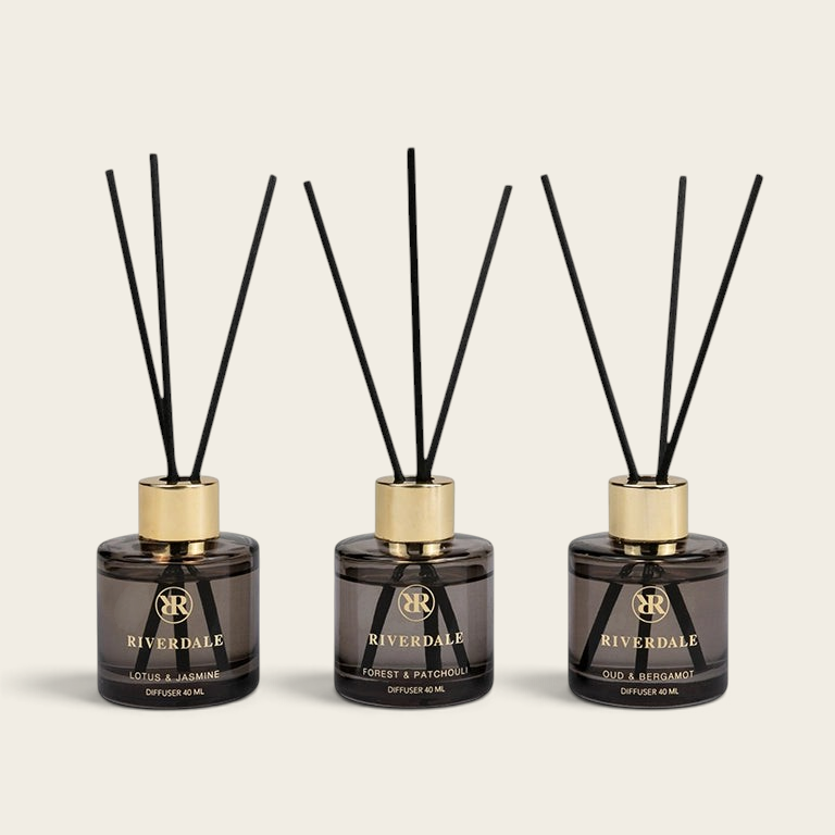 Riverdale Cadeau Olivia Limited Edition set of three 40ml glass reed diffusers with black sticks and gold caps
