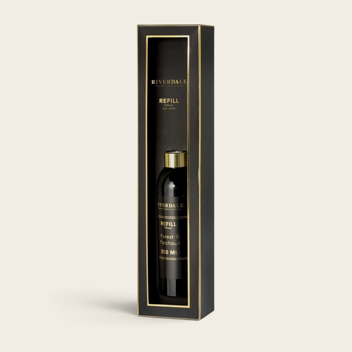 Riverdale Forest & Patchouli diffuser refill 250ml in a black and gold gift box with included fragrance sticks