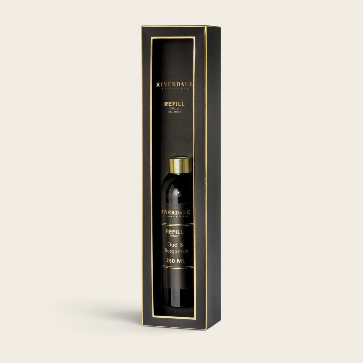 Riverdale Oud & Bergamot diffuser refill bottle in a black and gold gift box with included fragrance sticks