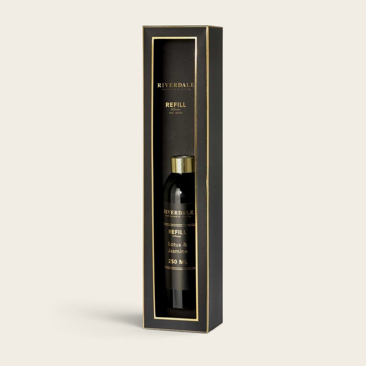 Riverdale Lotus & Jasmine reed diffuser refill bottle in a black and gold presentation box with included sticks