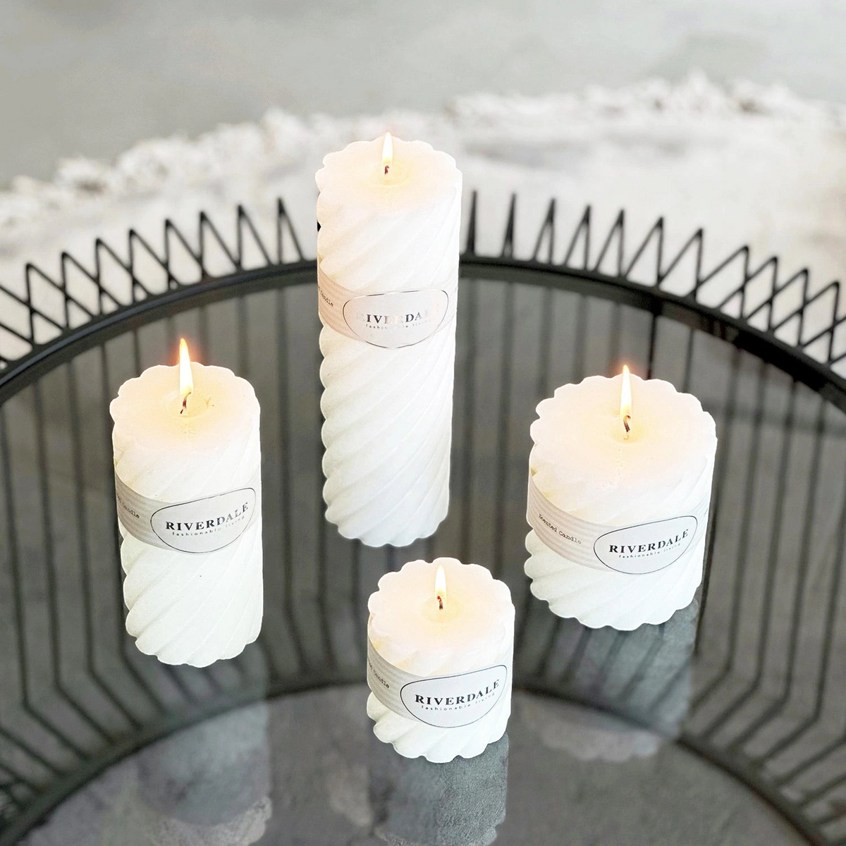 Riverdale white swirl scented candles in various sizes with White Tea Ginger fragrance and elegant rustic finish