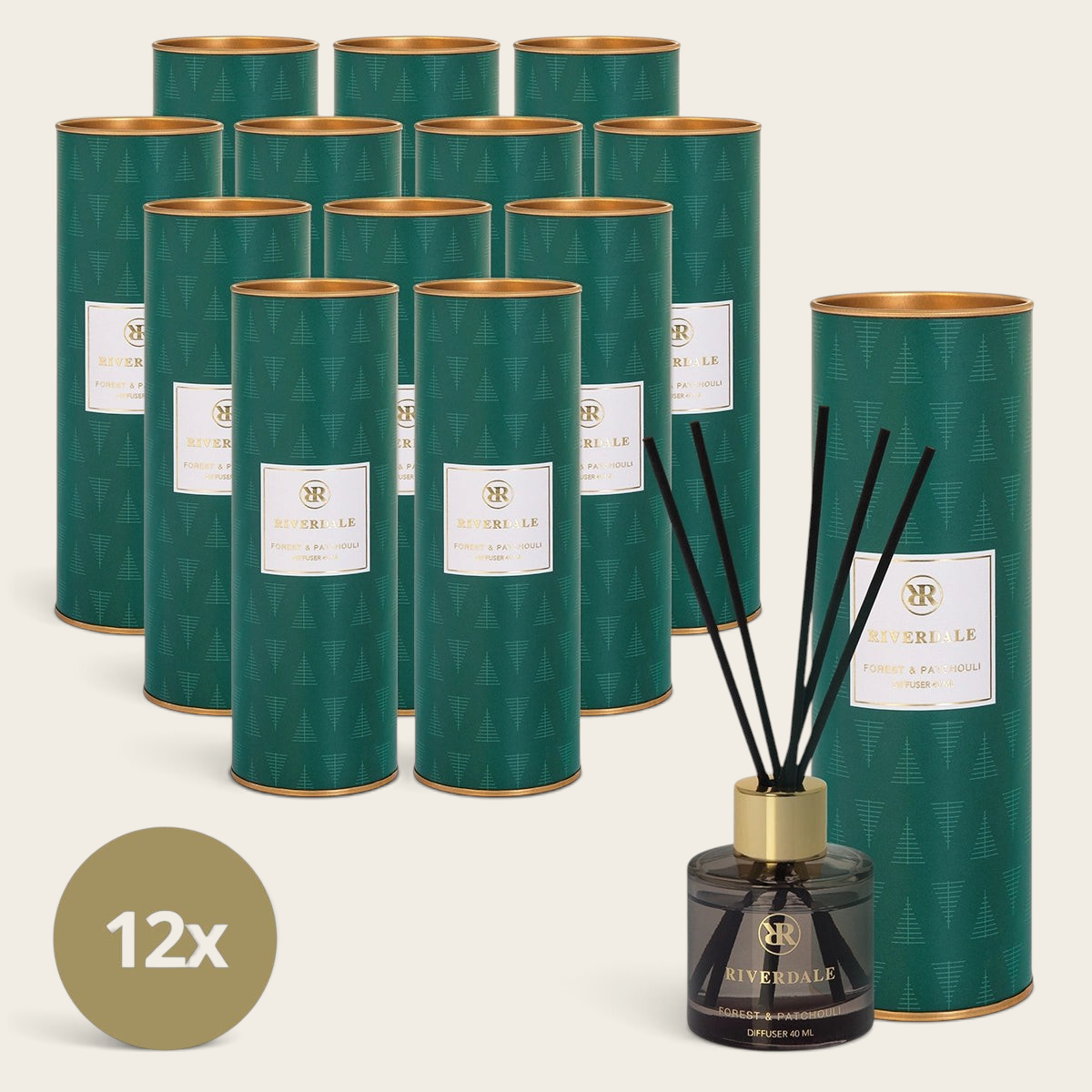Riverdale Forest & Patchouli Christmas reed diffuser set of 12 in green festive packaging with black reeds