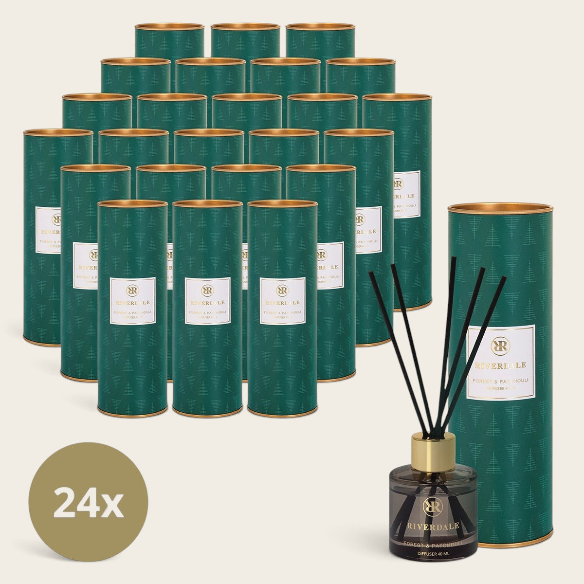 Riverdale Forest & Patchouli reed diffuser set of 24 in green festive packaging with black reeds and glass bottle