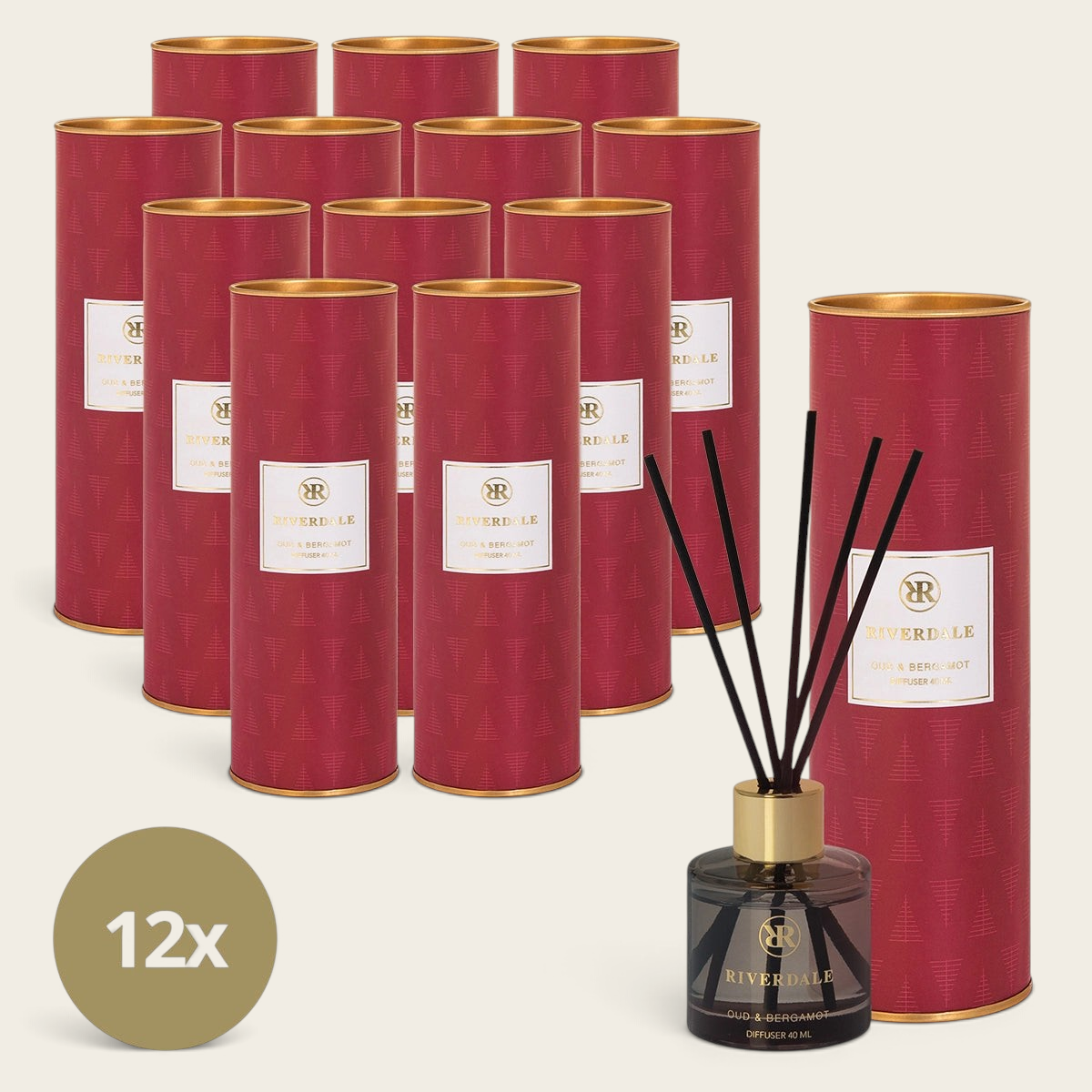 Riverdale Oud & Bergamot Christmas reed diffuser set of 12 in red festive packaging with black reeds and glass bottle
