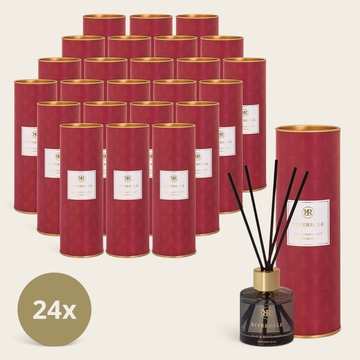 Riverdale Oud & Bergamot Christmas reed diffuser set of 24 in red cylindrical gift tubes with black diffuser sticks