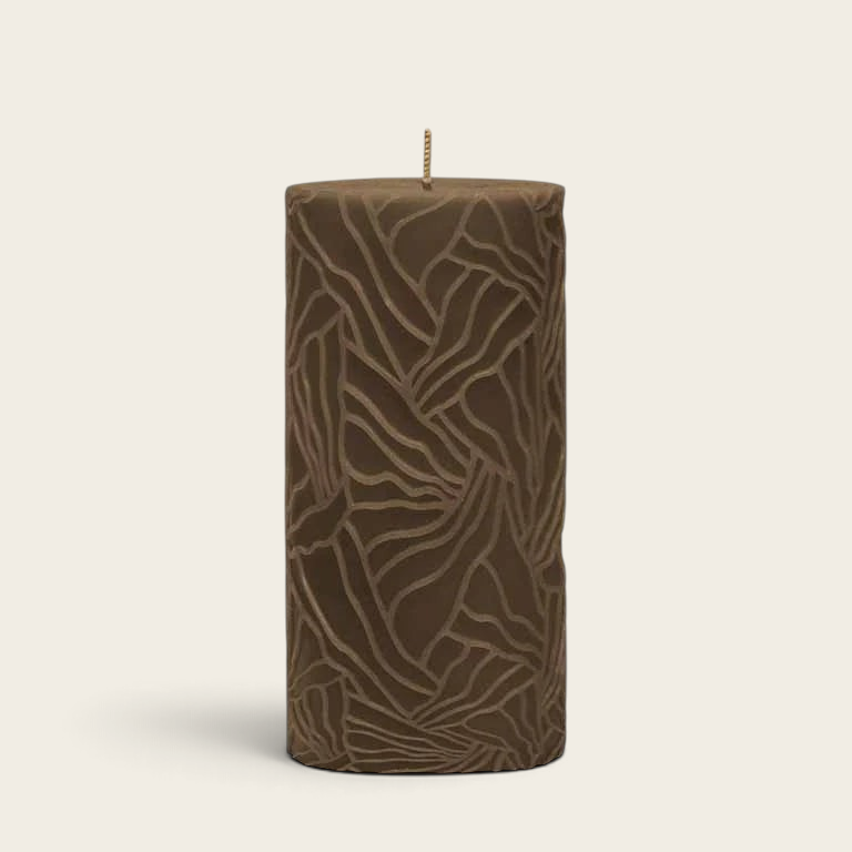 Riverdale brown pillar candle with a textured wave pattern design, 7x14cm size for home decor.
